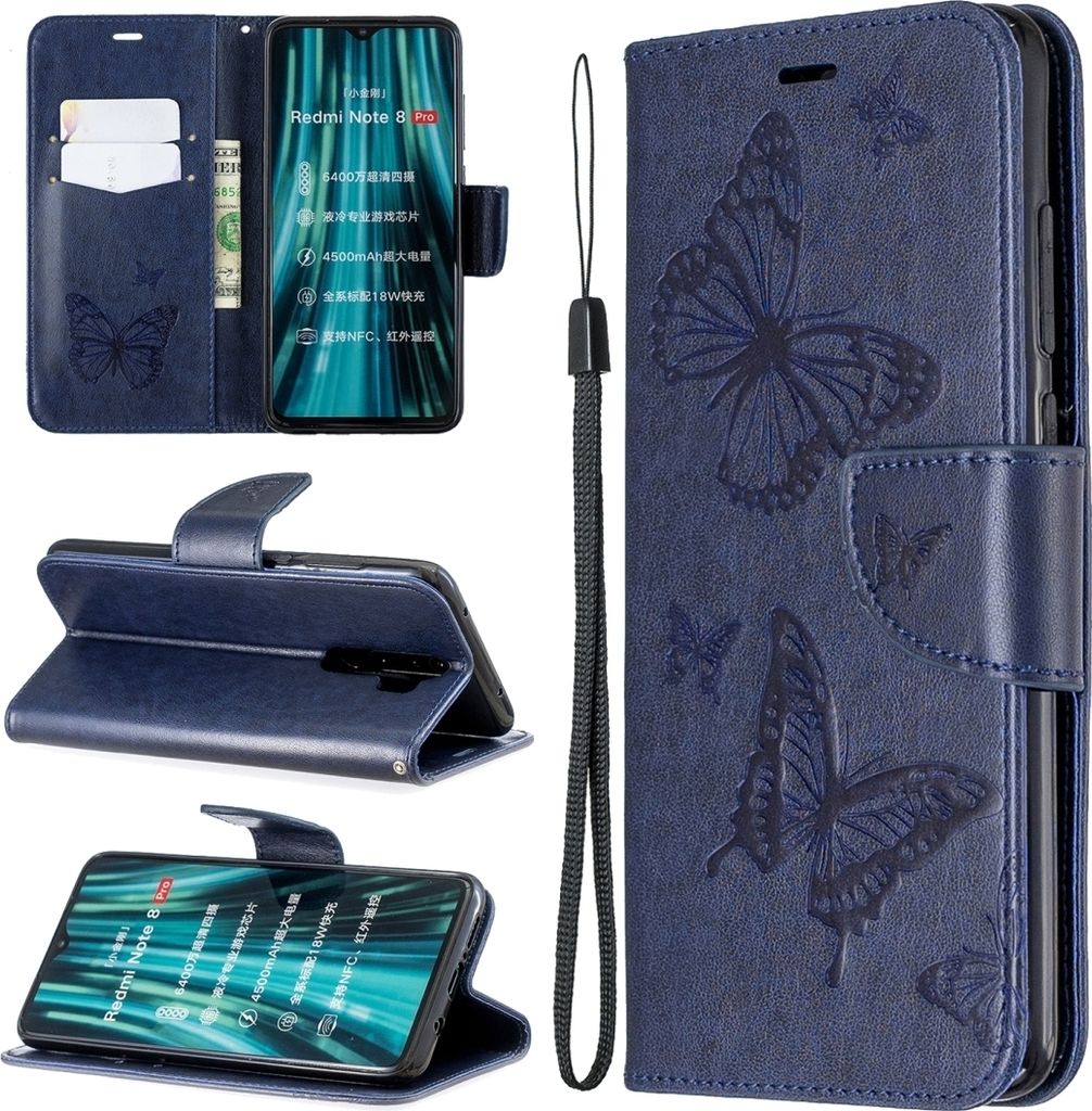 Mobigear Butterfly Xiaomi Redmi Note 8 Pro Hülle Klapphülle Geldbörse - Blau
