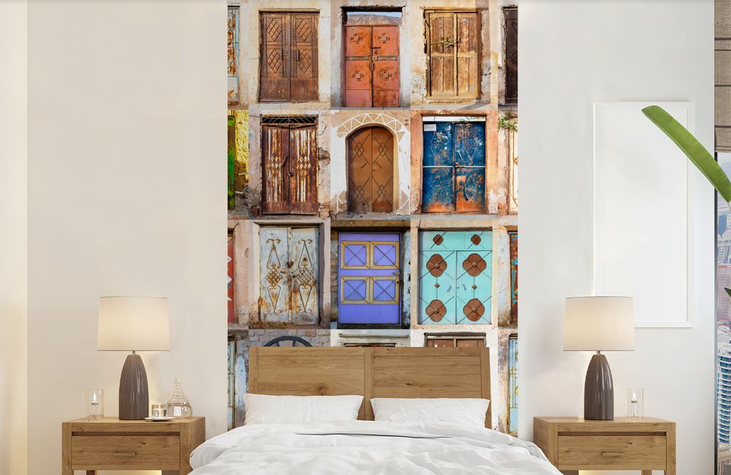 MuchoWow Fototapete für Wohnzimmer oder Schlafzimmer Wandtapete Vinyl Motivtapete Türen - Architektur - Vintage - Collage - 120x240 cm - Hinter...