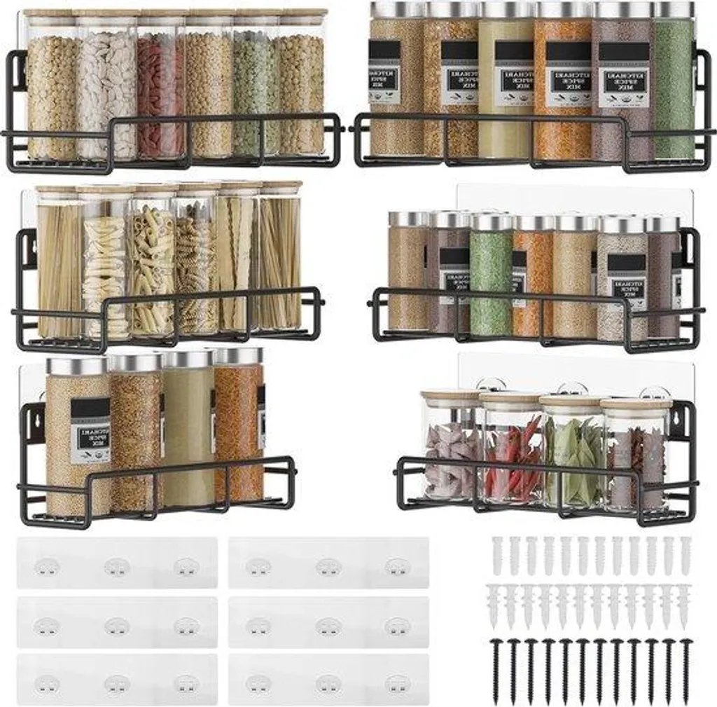 Présentoir à Épices Mural Noir en Métal - Lot de 6 Rangement Cuisine