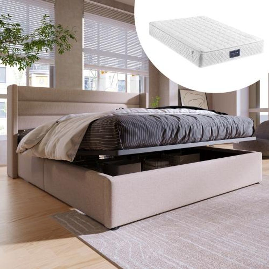 Hydraulisches Stauraumbett Doppelbett mit Stoffkopfteil, Metall- und Holzlattenrost, viel Stauraum, hochwertige Materialien, Grau, 140x200 cm