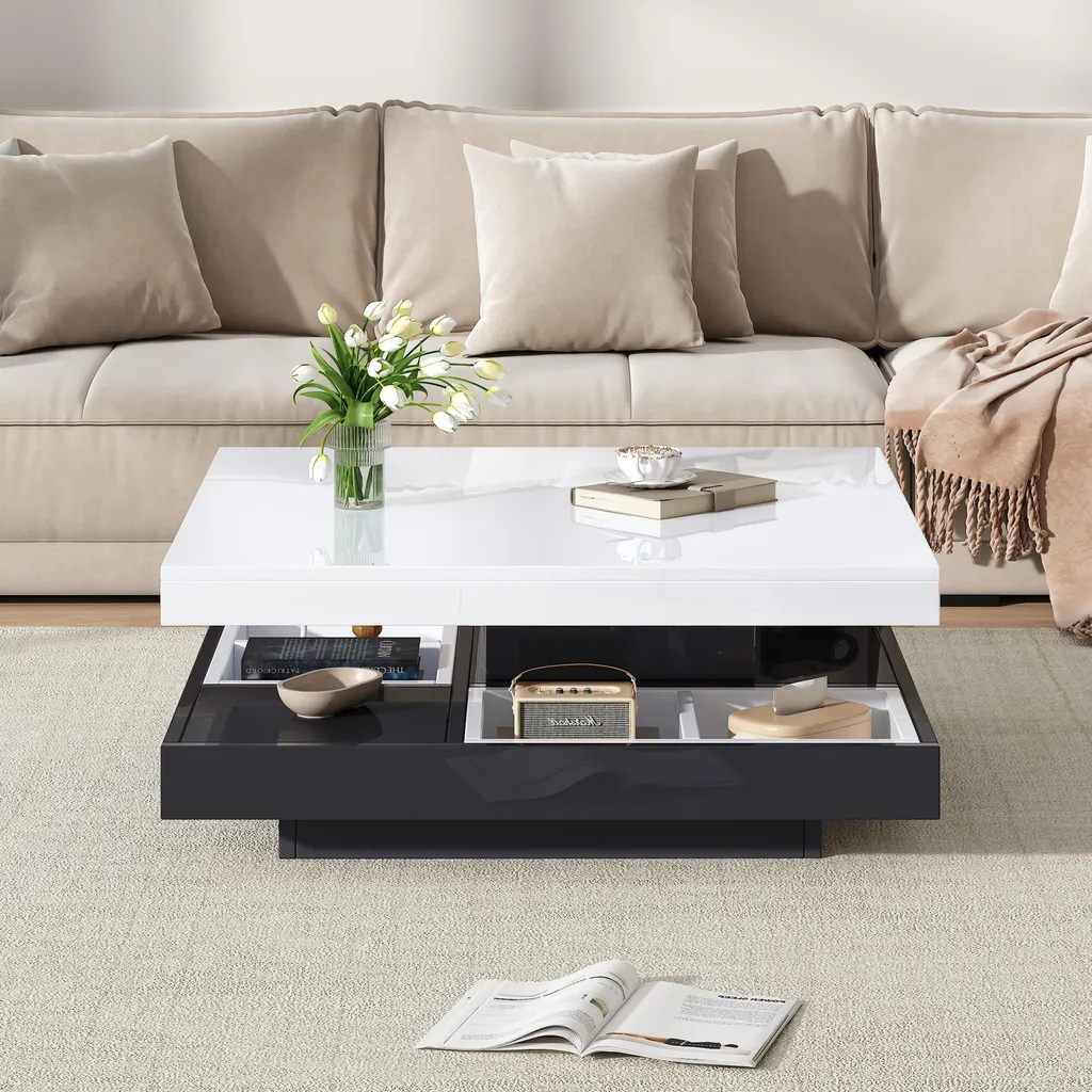 Table Basse Pivotante à 360 Degrés avec Compartiment de Stockage Blanc - 5