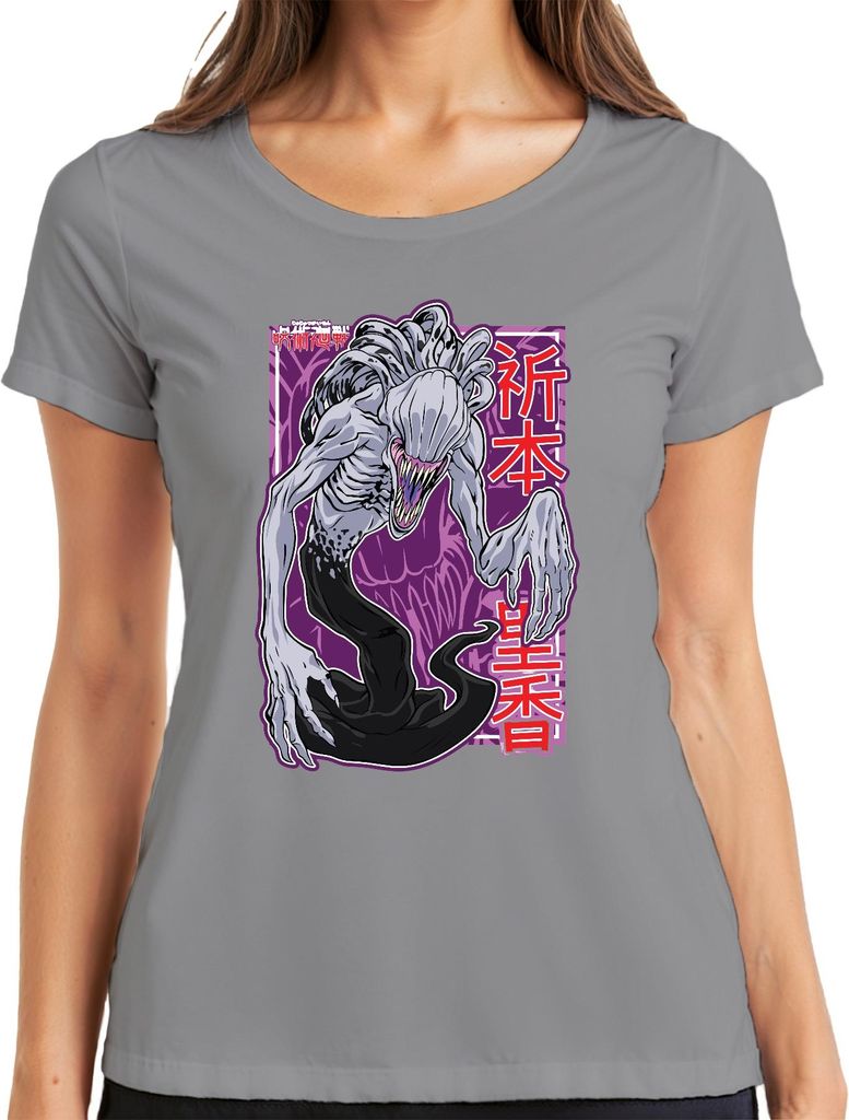 Eldritch Monster mit Klauen und Kanji Horror Geschenk Halloween Damen T-Shirt, Grau, L