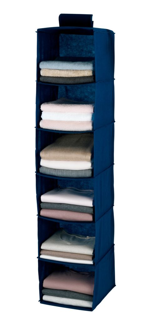 A hanging closet organizer with multiple shelves filled with folded clothes.
