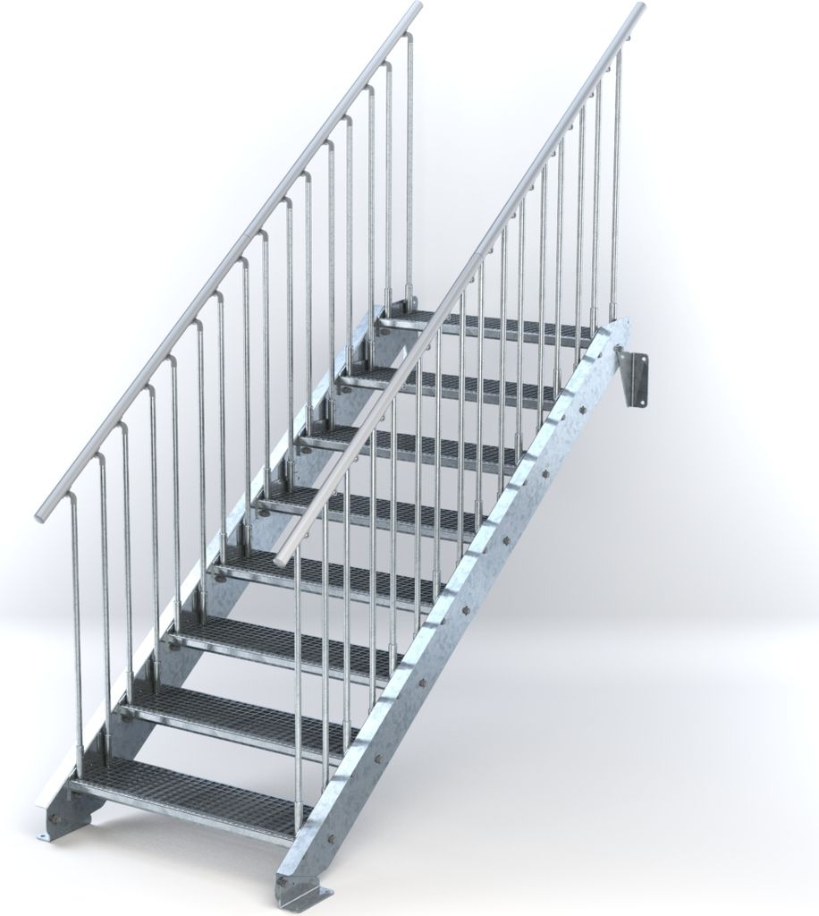 Stahltreppe 8 Stufen bis Höhe 160 cm, Laufbreite : 90 cm beidseitiges Geländer ST 3 (31 / 9 mm schmal)