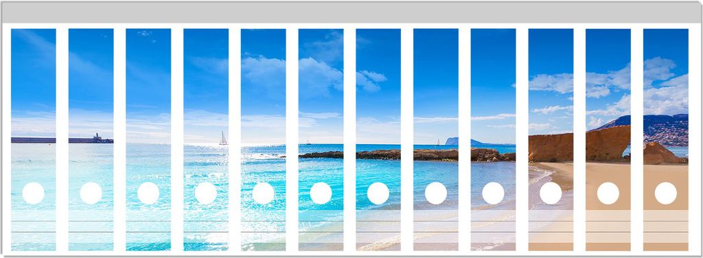 Wallario Ordnerrücken Sticker, selbstklebend für breite Ordner, 12 Stück, Motiv Traumstrand unter blauem Himmel