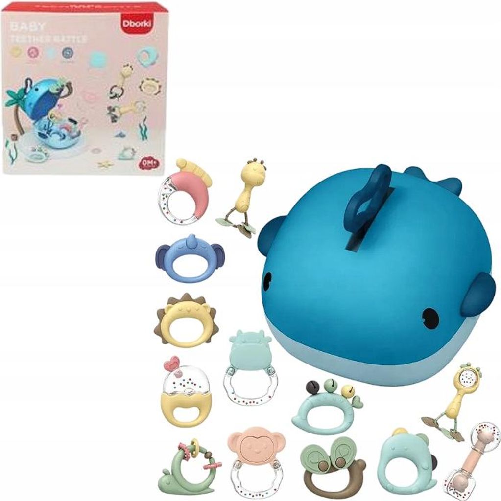Set Babyrasseln, Beißringe, Koffer, Wal, Beißbox