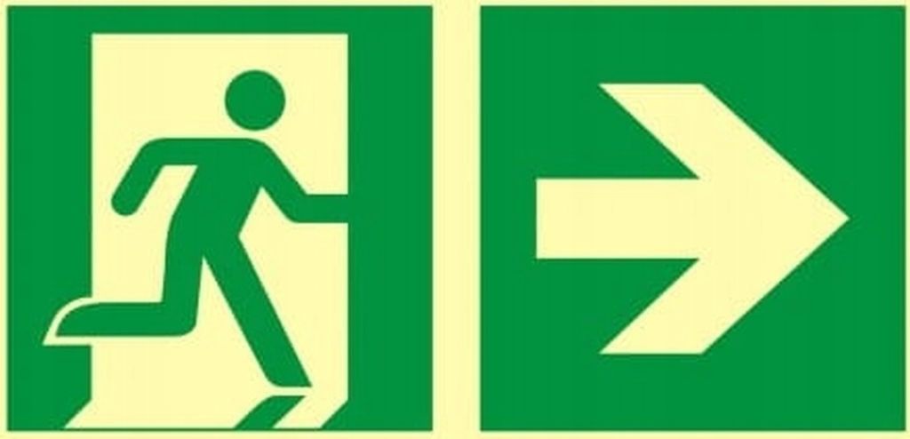 Wegweiser zum Notausgang rechts 300X150 Tafel beleuchtet bei Nacht