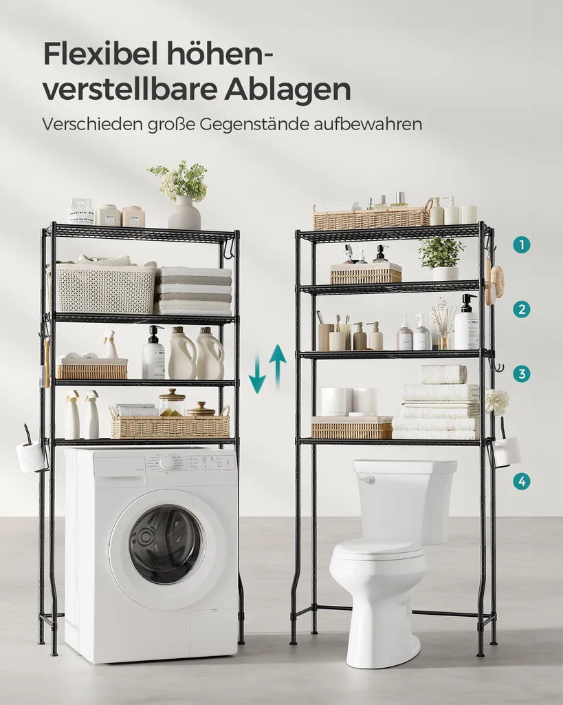 Étagère toilettes 4 niveaux avec tablettes ajustables en métal noir robuste - 4