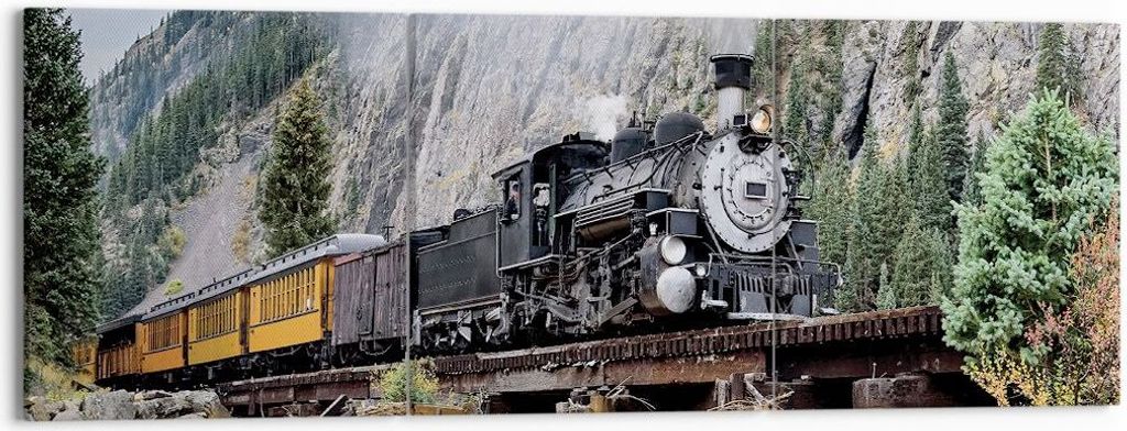 Bild auf Leinwand - Leinwandbild - 3 Teile - Alt Lokomotive Berge - 150x50cm - Wand Bild - Wanddeko - Wandbilder - Leinwanddruck - Bilder - Wanddek...