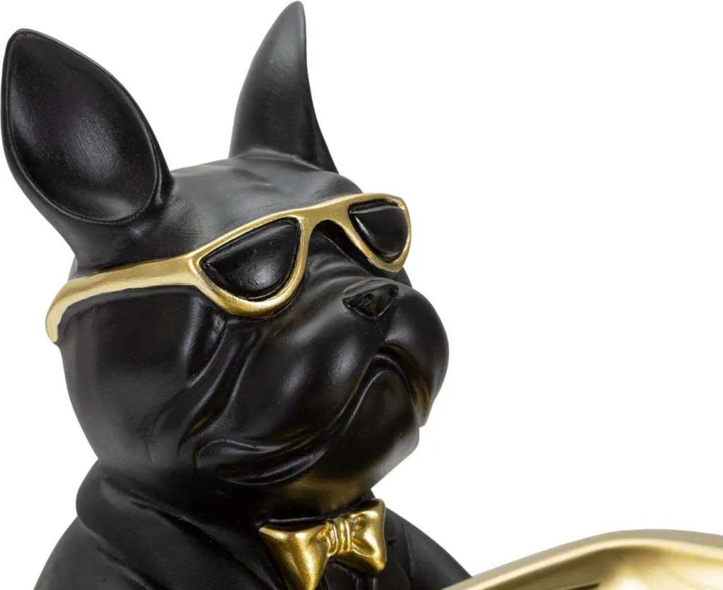 Statue Bouledogue Décorative Noire et Dorée avec Vide-poche Design Chic