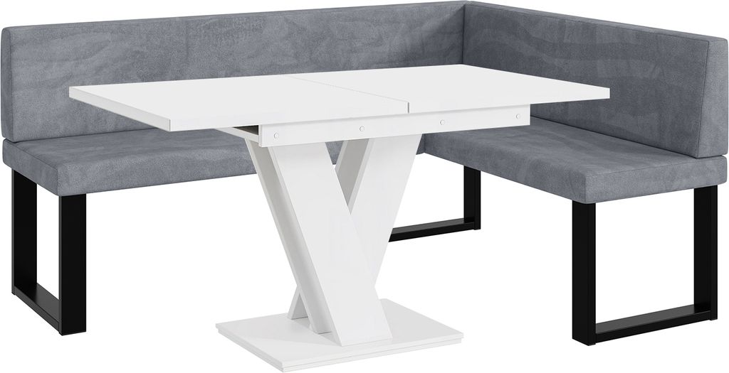 MEBLINI Eckbank für Esszimmer mit ausziehbarem Tisch - Küchenbank - Essecke - Sitzecke Küche - TONI - U-Beine 128x168x87cm Rechts - Grau Samt/M ...