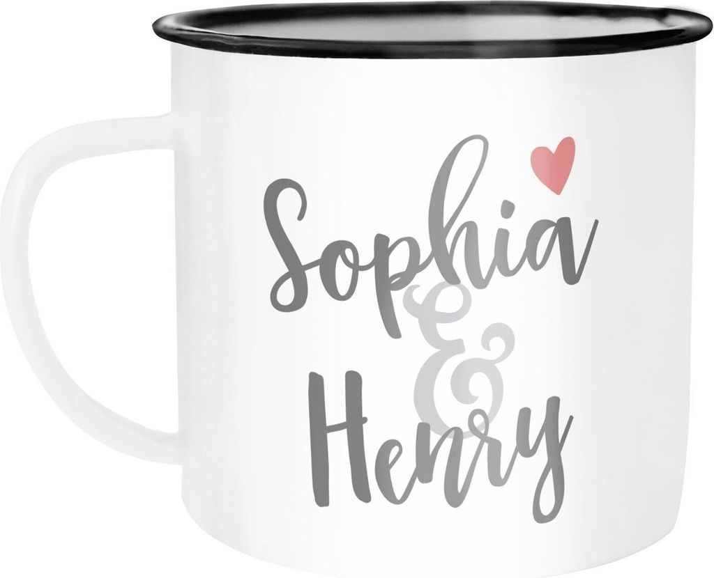 Emaille-Tasse mit Namen und Herz Becher Emaille personalisierte Geschenke Hochzeitsgeschenk Geschenk Liebe SpecialMe weiß-schwarz Emailletasse