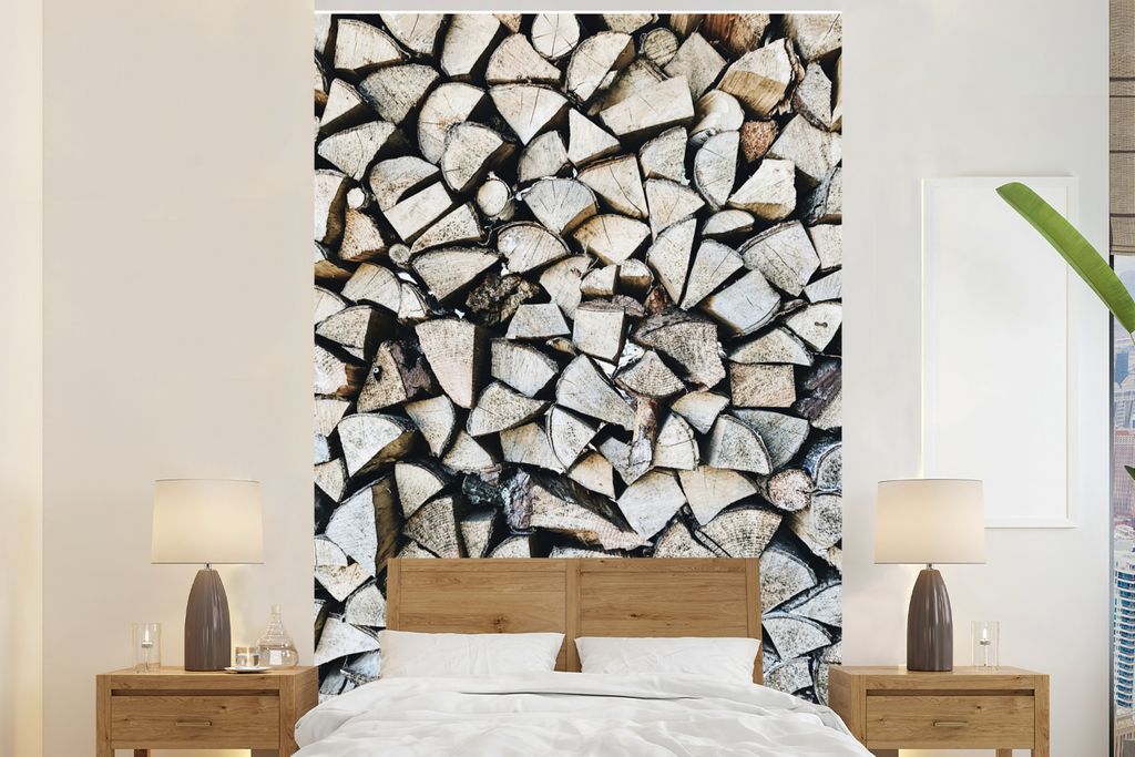 MuchoWow Fototapete für Wohnzimmer oder Schlafzimmer Wandtapete Vinyl Motivtapete Holz - Kamin - Winter - 180x280 cm - Wallpaper