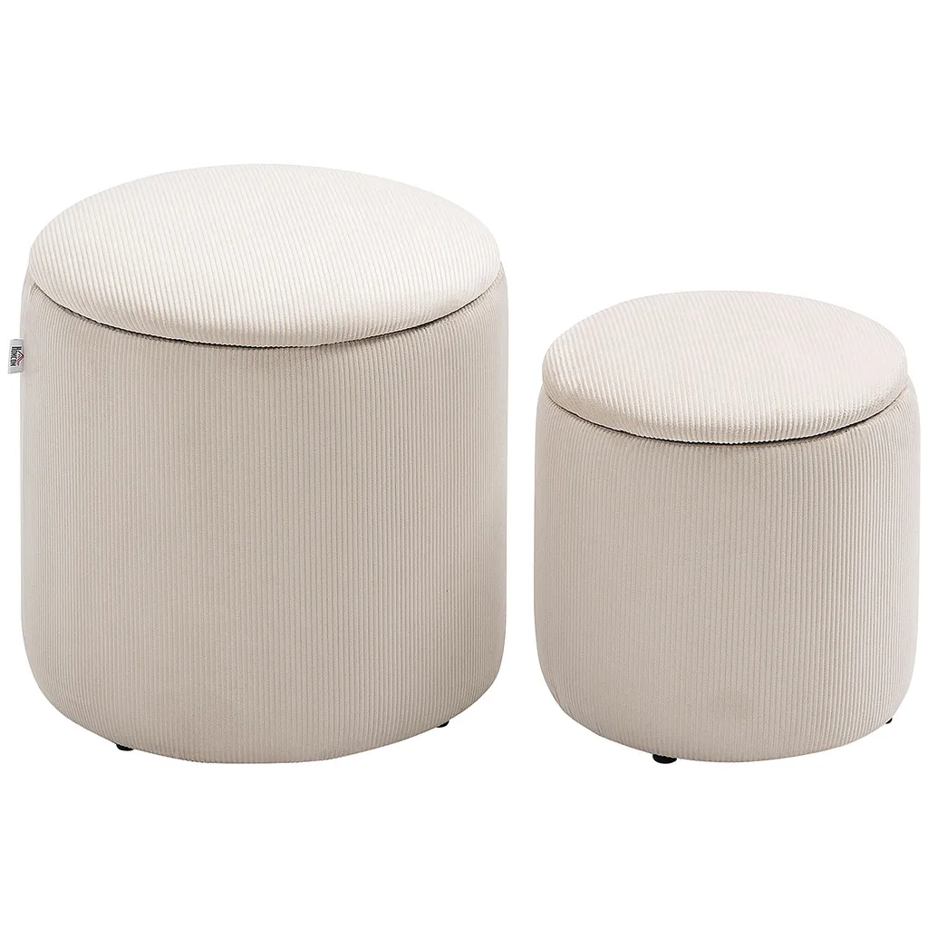 HOMCOM Lot de 2 Poufs Coffres de Rangement en Velours Côtelé Crème