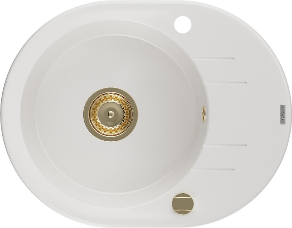 Mexen Kevin Granitspüle mit einem Becken und einer Abtropffläche 586 x 458 mm, Weiß, Siphon Gold - 6517581005-20-G