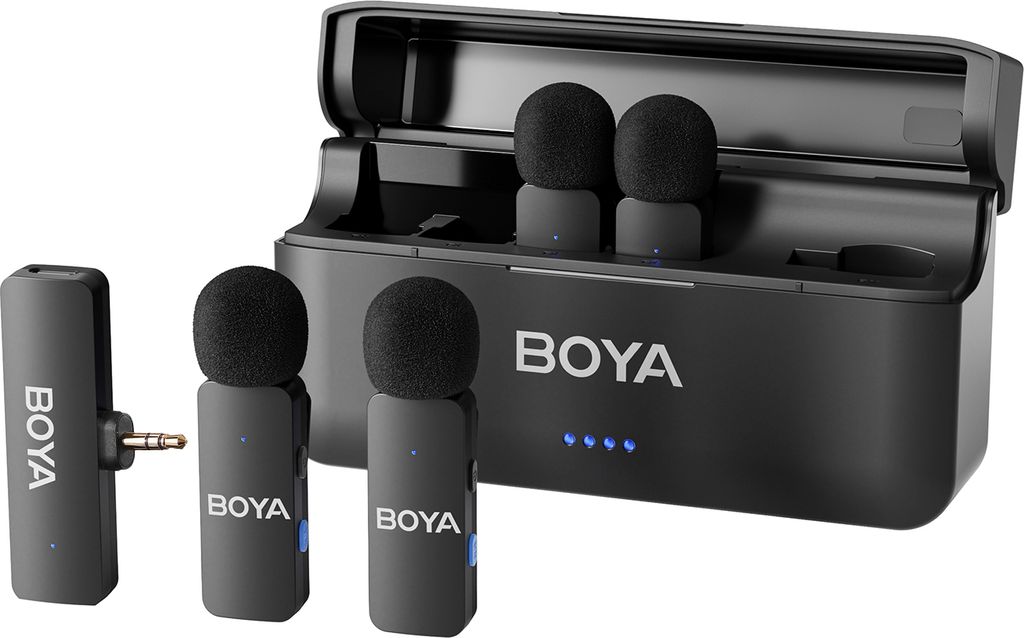 BOYA BY-V4 4-Kanal 2,4G Kabelloses Mikrofonsystem Ansteckbares Kameramikrofon Omnidirektionales Mini-Ansteckmikrofon Automatische Kopplung Intellig...