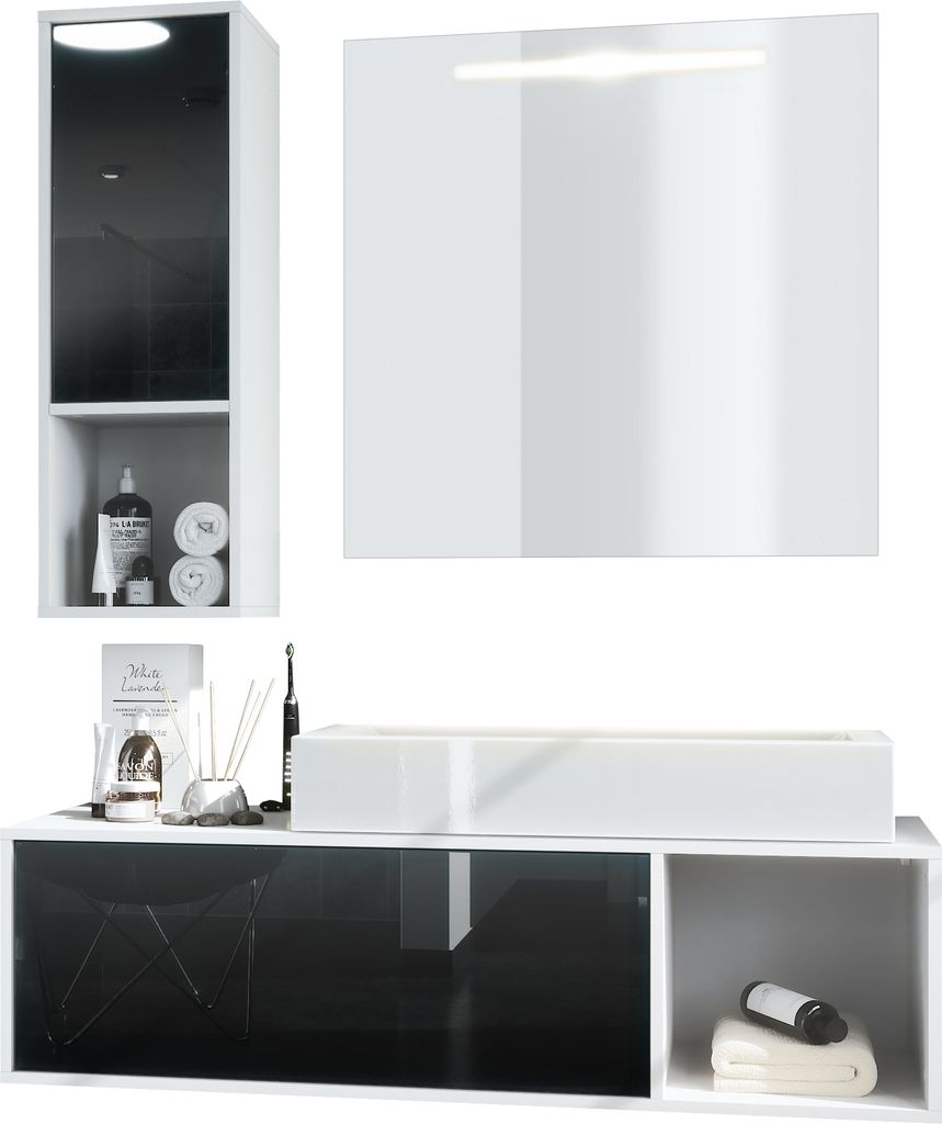 Vladon Badmöbel Komplettset La Costa, Germany, Korpus in Weiß matt / Fronten in Schwarz Hochglanz, mit Aufsatzwaschbecken und LED Spiegel