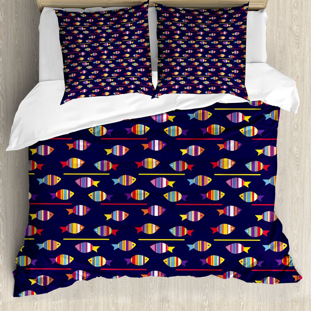 ABAKUHAUS Fisch Bettbezug, Regenbogen Gemusterte Tiere, Milbensicher Allergiker geeignet mit Kissenbezügen, 155 cm x 220 cm - 80 x 80 cm, Mehrfarbig