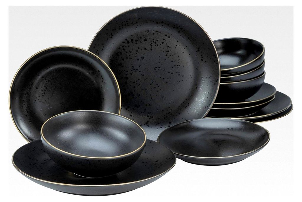 Geschirrset Industrial Gold BLACK, 12-teilig für 4 Personen, Teller Set aus Steinzeug, spülmaschinen- und mikrowellengeeignet
