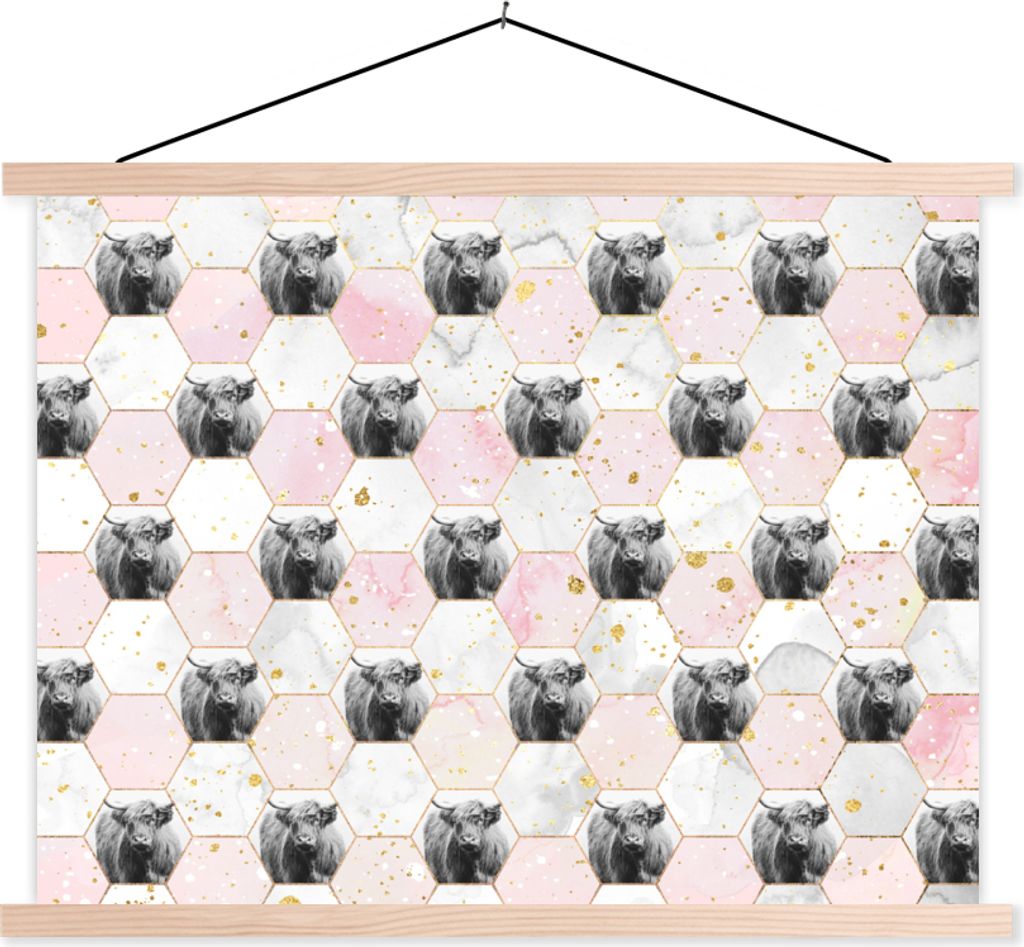 MuchoWow Textilposter Schottisches Hochlandrind - Design - Marmor - Gold 150x113 cm mit holzfarbenen Rahmen - Poster