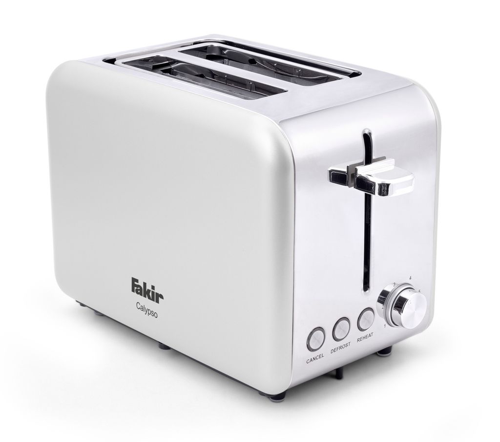 A silver and gray toaster on a white background.