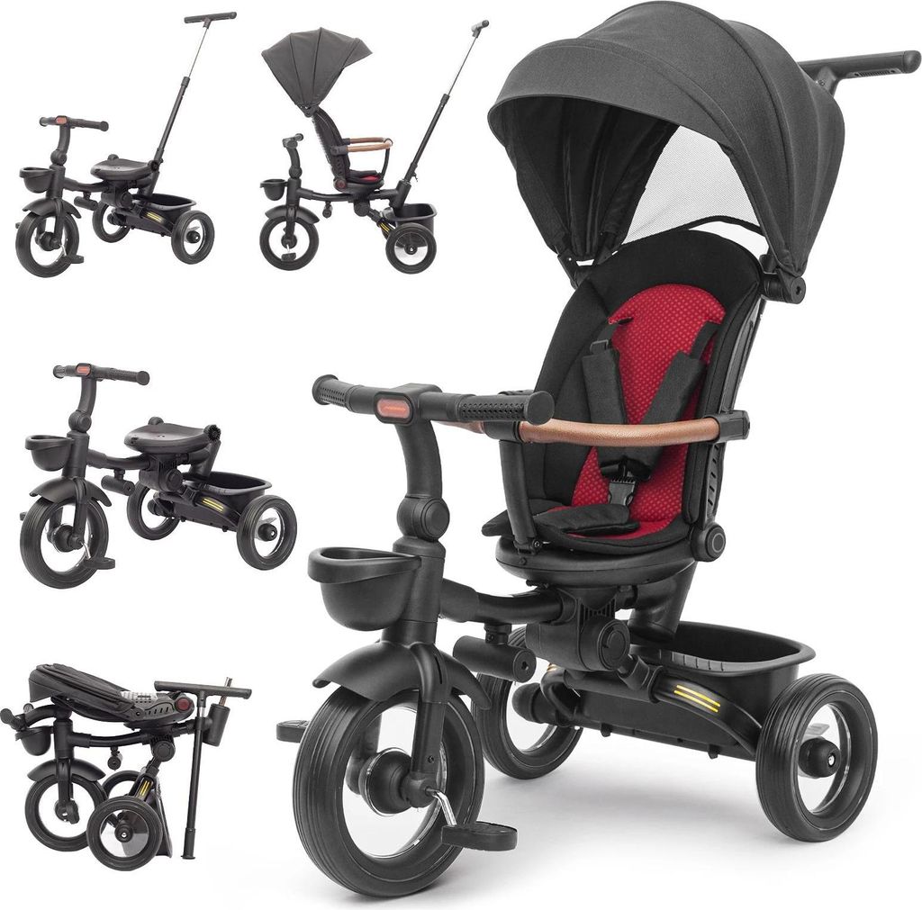 7-in-1 Faltbares Kinder Dreirad - Kinderwagen-Trike HM-618 - Edelstahlrahmen - Alter 1–2 Jahre - Schwarz