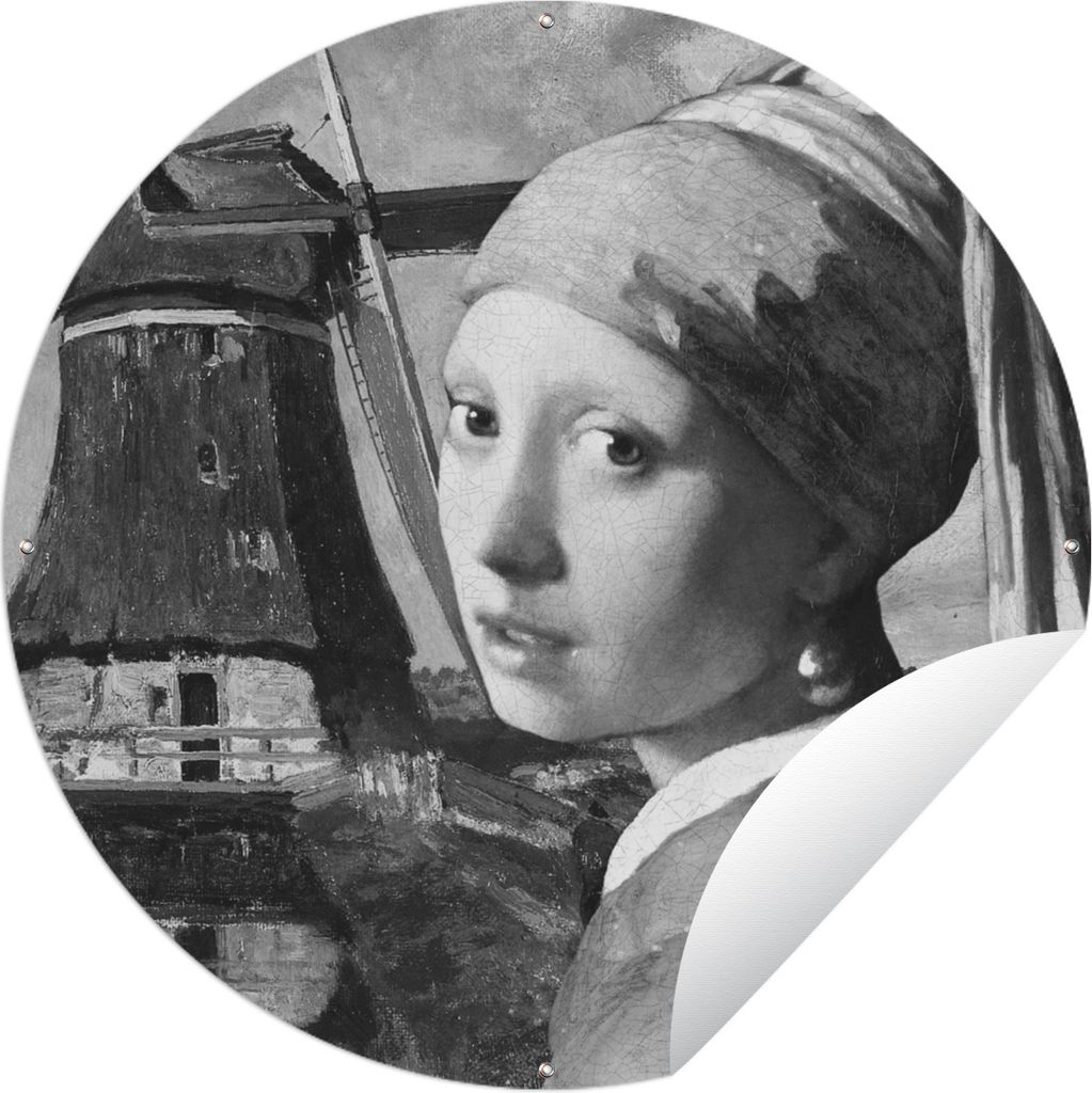 MuchoWow Gartenposter Outdoor-Poster Rund Das Mädchen mit dem Perlenohrring - Johannes Vermeer - Schwarz und weiß Ø 60 cm Gartendeko Rundes Po...