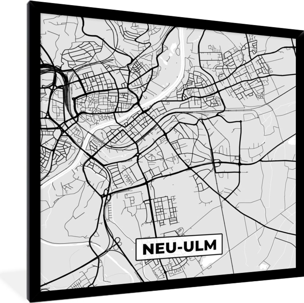 MuchoWow Gerahmtes Poster Stadtplan - Neu-Ulm - Deutschland - Karte 40x40 cm - Poster mit Schwarzem Bilderrahmen Wandposter Rahmen Foto Bilder - ...
