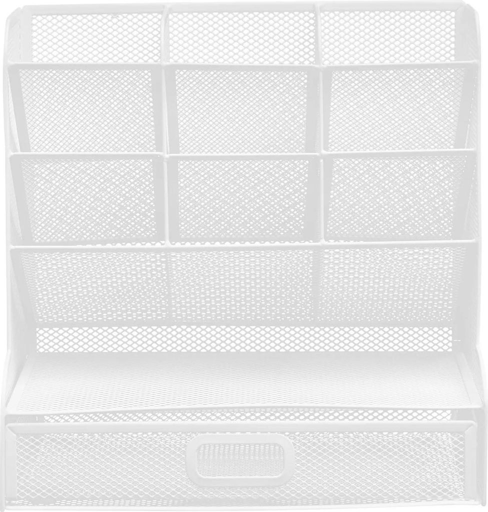 Schreibtisch-Organizer - Stiftehalter mit Schublade - 9 Fächer - Eisen - Tragkraft 3–5 kg - 27×15×27 cm - Weiß