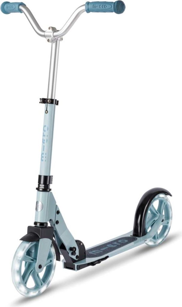 A light blue Micro Scooter Cruiser with LED wheels is shown against a white background.