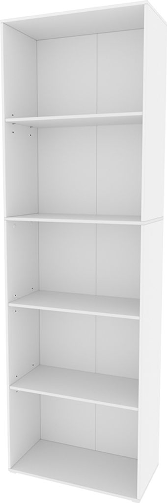 A white, empty bookshelf with five shelves against a white background.