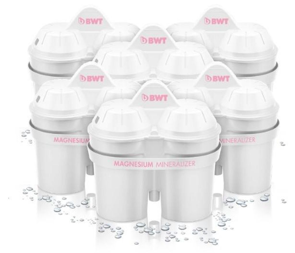 A group of BWT Magnesium Mineralizer water filter cartridges arranged in a cluster.
