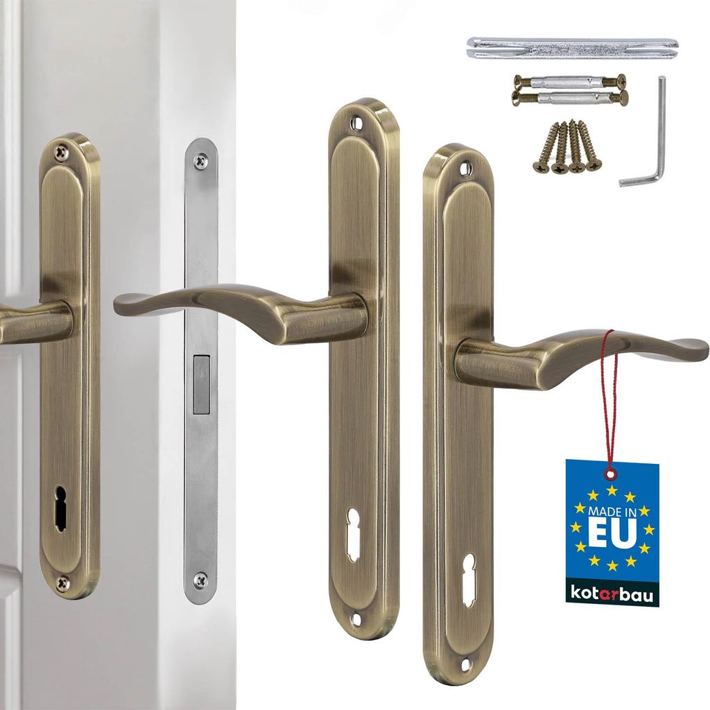 A set of door handles and related hardware, including screws and an Allen key, displayed against a white background.