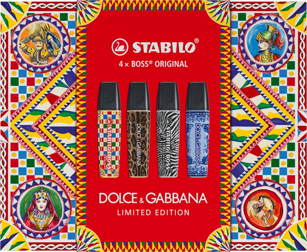 A box of four STABILO BOSS original highlighters with Dolce & Gabbana designs.
