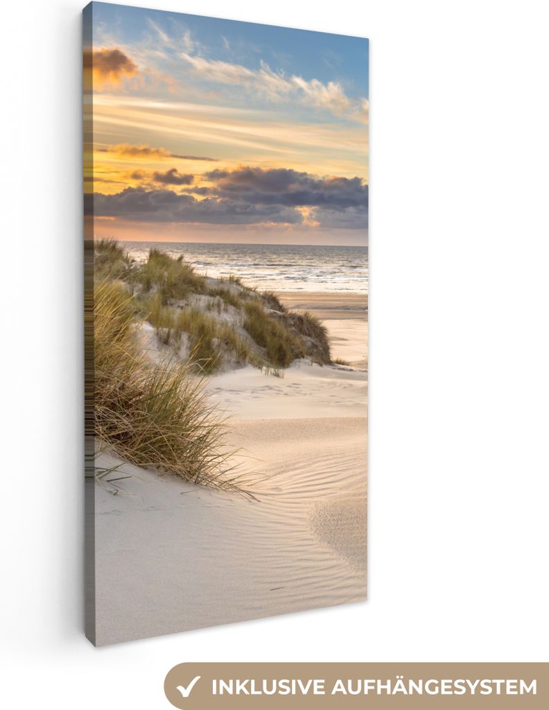 MuchoWow - Leinwandbilder - Strand - Düne - Gras - Sonnenuntergang - Meer, Wandbild, Wanddeko Bilder Wohnzimmer, 40x80 cm