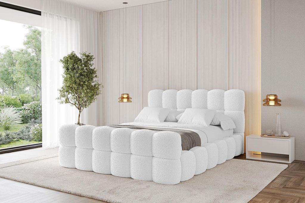 ALTDECOR Polsterbett mit Bettkasten, Fußteil und Lattenrost, Bett mit Kopfteil, Boxbett ohne Matratze, Doppelbett mit Stauraum - LEYA-Z 140x200 Weiß