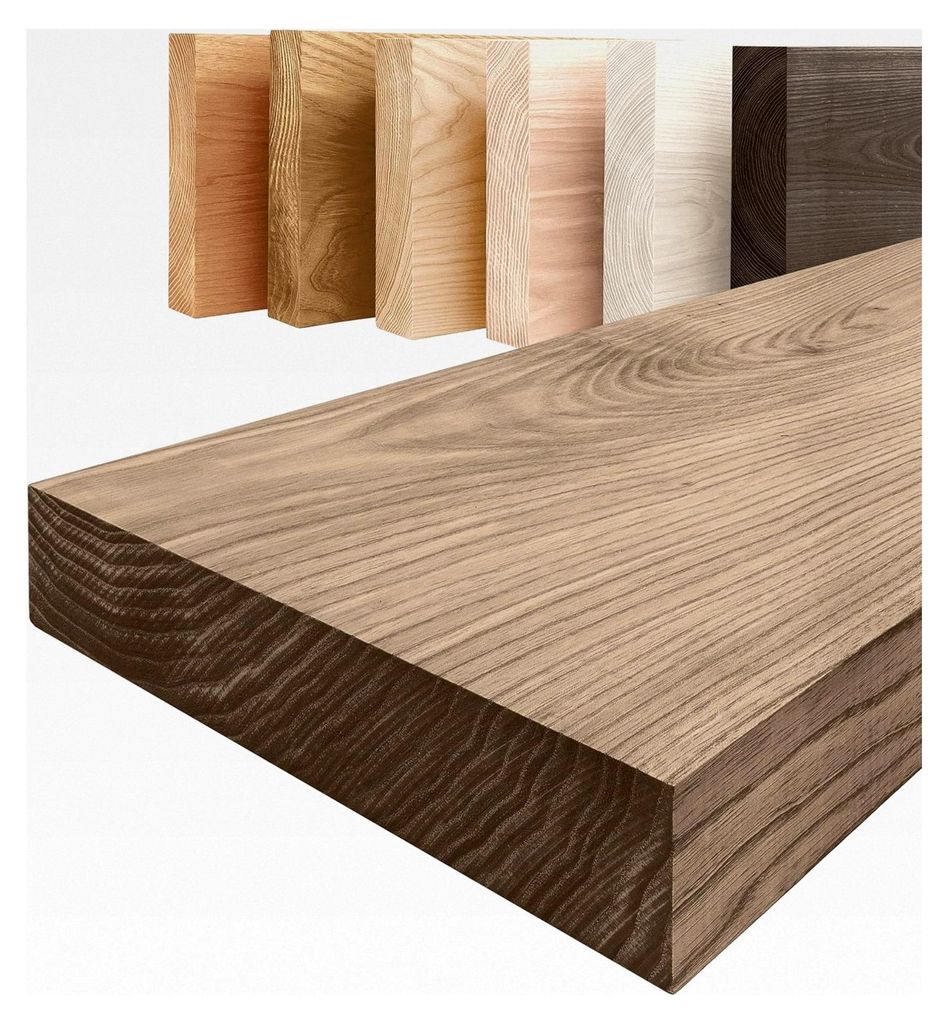 Regal aus massivem Holz ohne Befestigung | Wandregal 140 cm breit für Wohnzimmer, Home Office | Farbe: Nussbaum, Kante: gerade | Massivholz, moder...