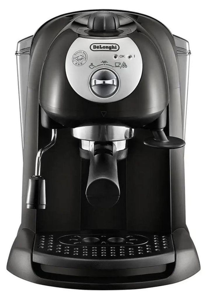 A front view of a black DeLonghi espresso machine.