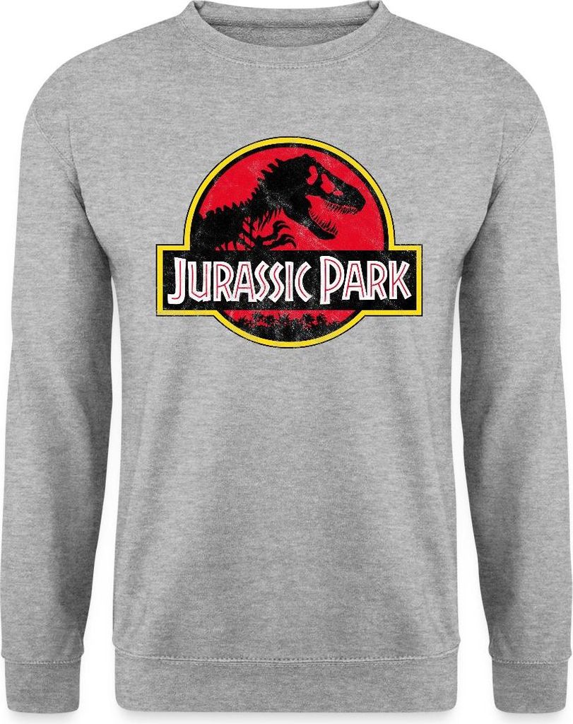 Spreadshirt Jurassic Park Klassisches Logo In Rot Mit T-Rex Uni Pullover, 3XL, Weißgrau meliert