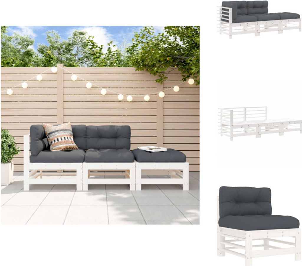 vidaXL 3-tlg. Garten-Lounge-Set mit Kissen Weiß Massivholz - Gartenmöbel-Sets