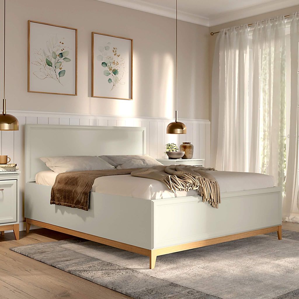 Belmy Stauraumbett 140x200 cm beige Kaschmir VIENNA – klassisches Doppelbett fürs Schlafzimmer mit Eichenfüßen