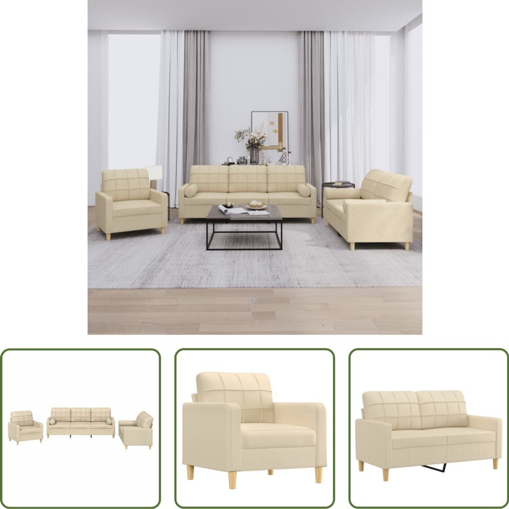 The Living Store 3-tlg. Sofagarnitur mit Kissen Creme Stoff