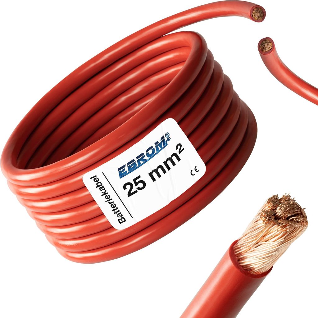 EBROM - Batteriekabel Aderleitung ROT H07V-K 25 mm² - KFZ Batterie Kabel - 99,9 % OFC Kupfer - Meterware / Stück = Meter - in einer Länge geli...
