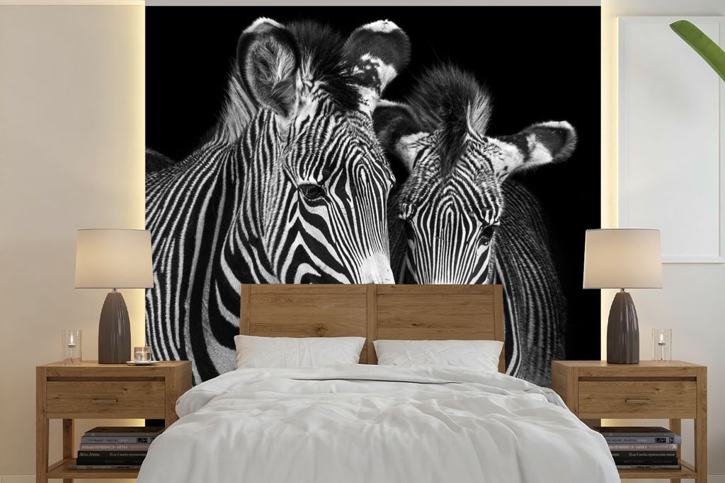 MuchoWow Fototapete für Wohnzimmer oder Schlafzimmer Wandtapete Vinyl Motivtapete Tierprofil Zebras in Schwarz und Weiß - 300x300 cm - Wanddeko...