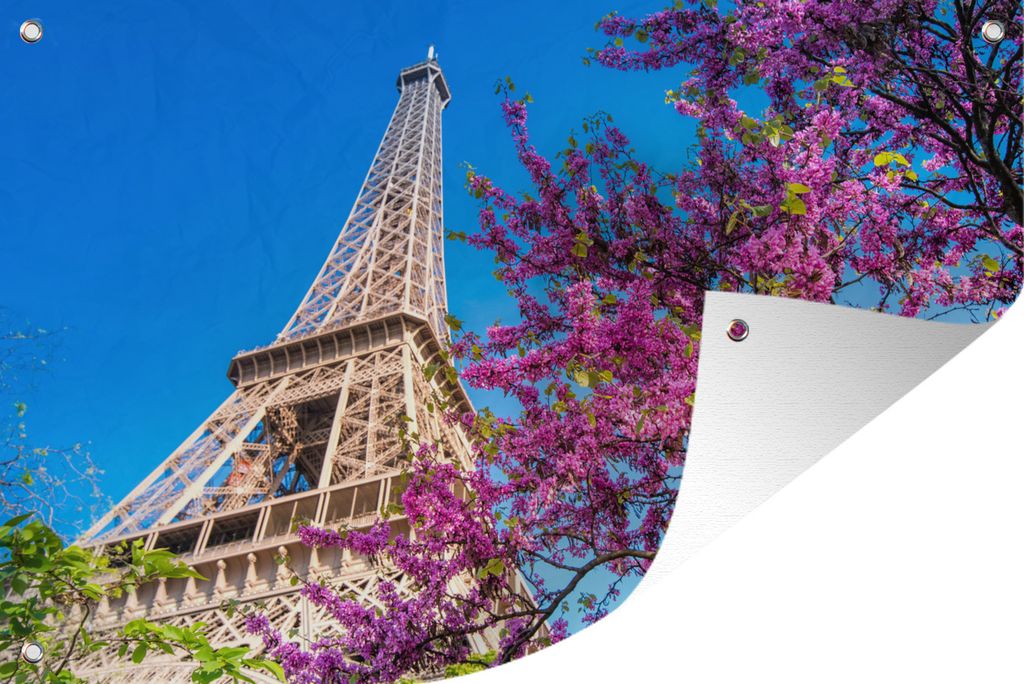 MuchoWow 90x60 cm Outdoor-Poster Gartendeko Sichtschutz Garten Poster für den Garten Der Eiffelturm mit einem einzigartigen rosafarbenen Baum, ...