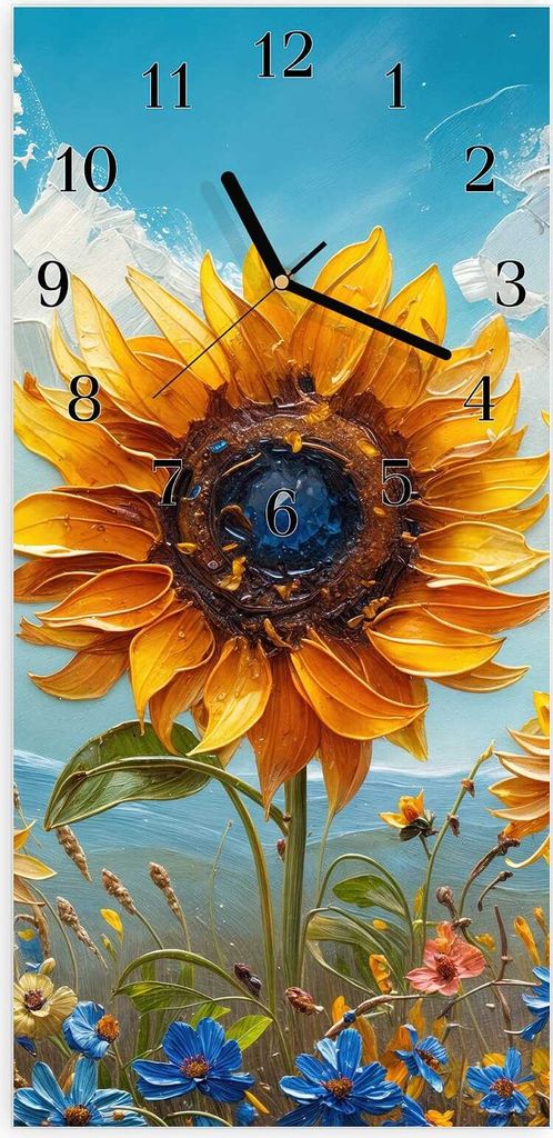 Wanduhr aus Glas mit Motiv Sonnenblumenwiese- 30 x 60 cm - inkl. Aufhängesystem