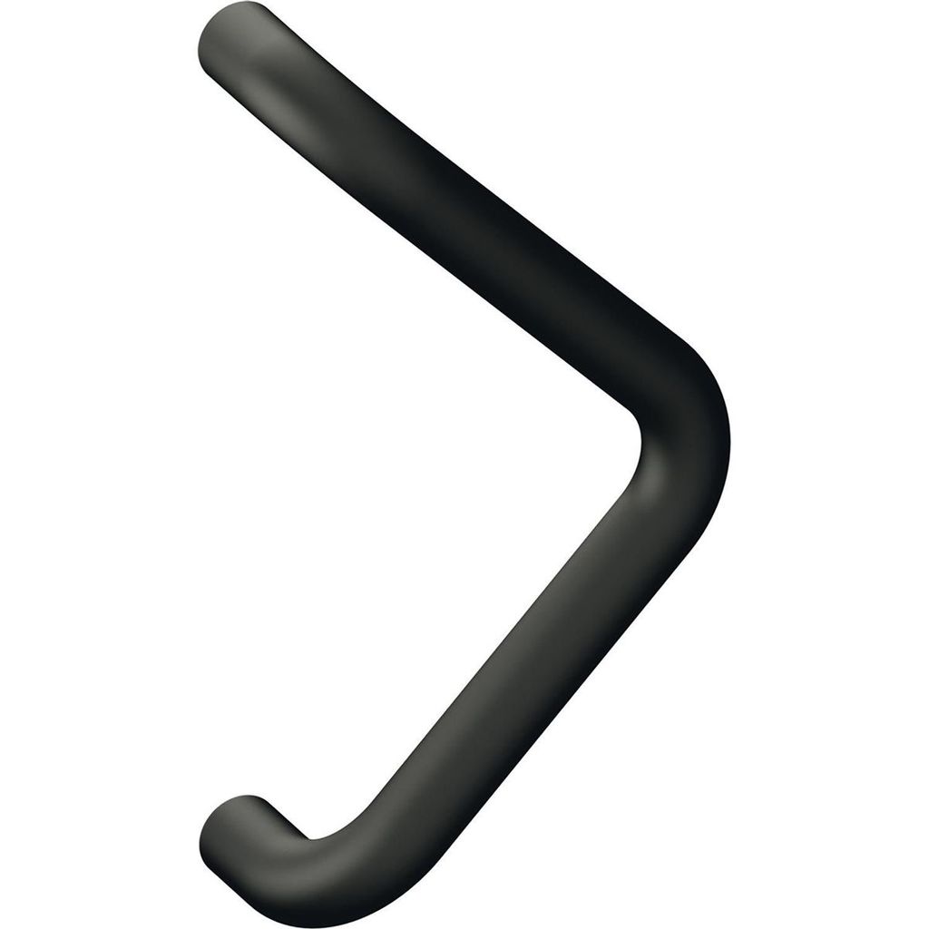 A black door handle is shown against a white background.