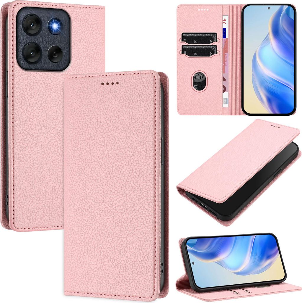 Litchi Leder Handyhülle für Motorola Moto G56 Wallet Kartenfächer Standfunktion Hülle Pink