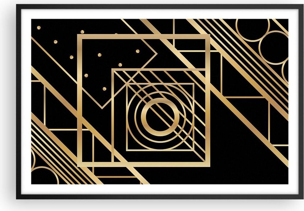 Gerahmtes Poster - Schwarzer Rahmen - Abstraktion Quadrat Gold - 91,5x61 cm - Wand Bild - Wanddeko - Wandbilder - Kunstposter - Wandposter - Bilder...