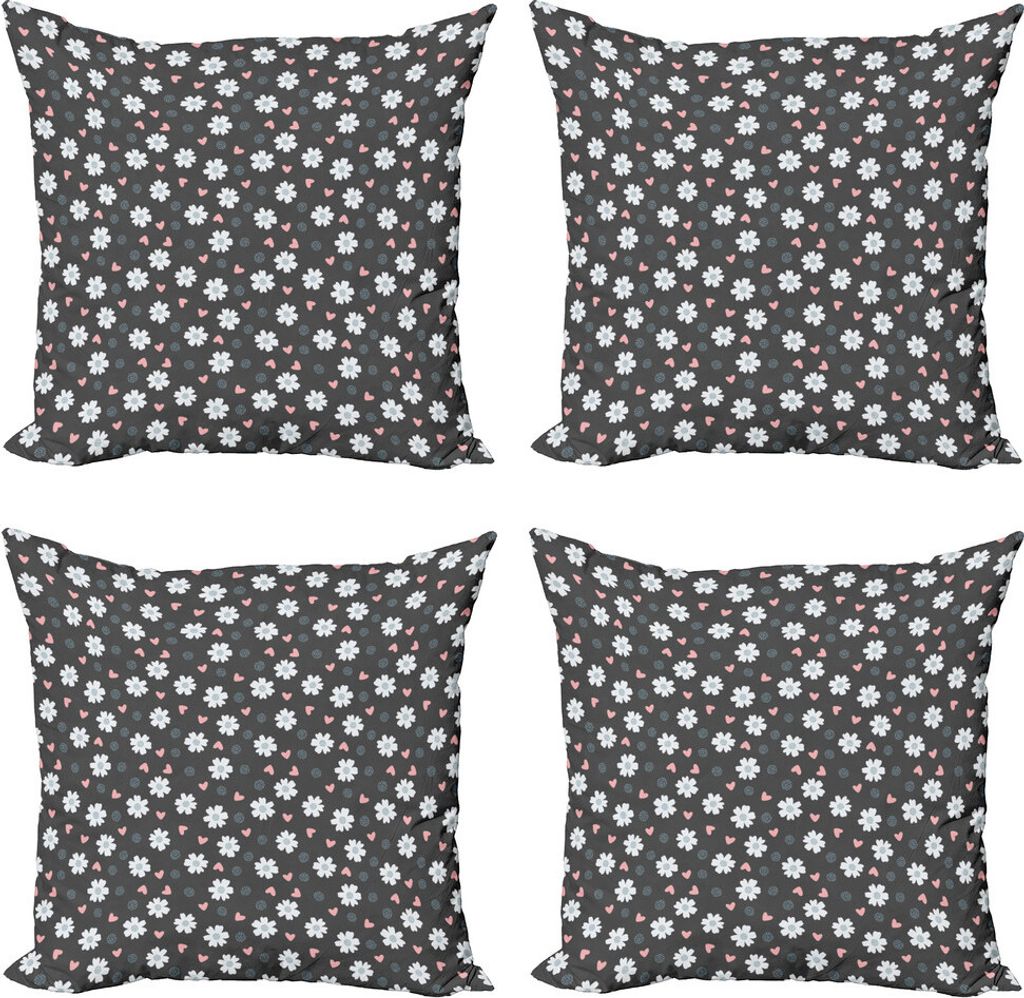 ABAKUHAUS Gänseblümchen Kissenbezug Set (4 Stück), Tiny Petals Herzen und Punkte, Moderner Doppelseitiger Digitaldruck, 50 cm x 50 cm, Koksgraue...